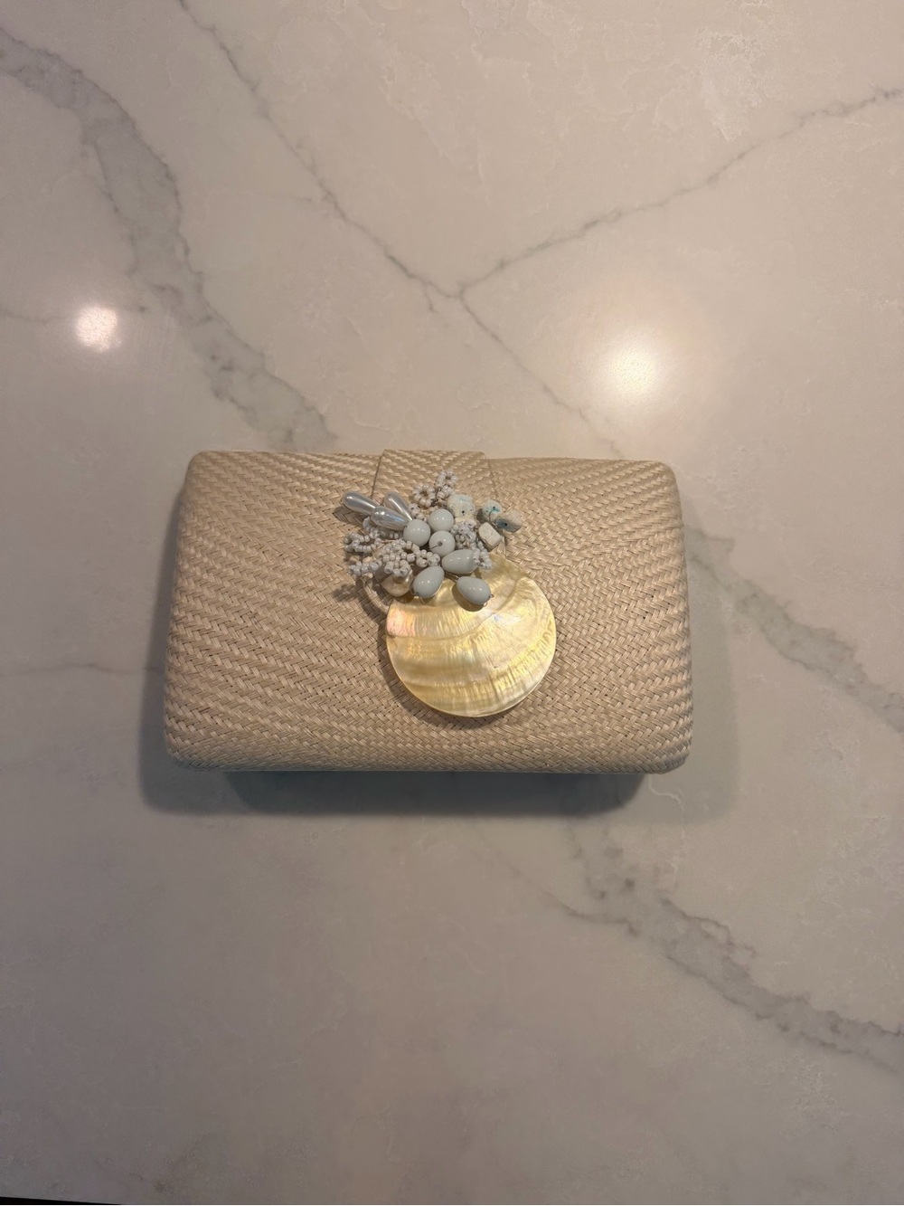Elegant Cream Woven Clutch with Shell Accent